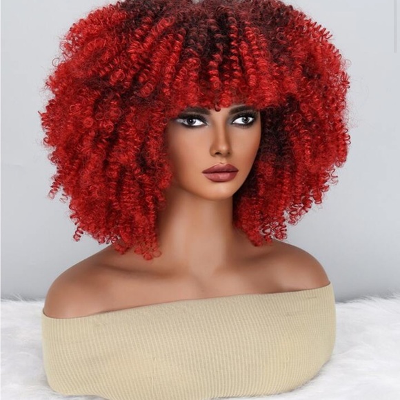 Ansho 15 Inch Short Curly Afro Kinky Wig Synthetic Hair Big Hair Red Black Ombré - Picture 1 of 8